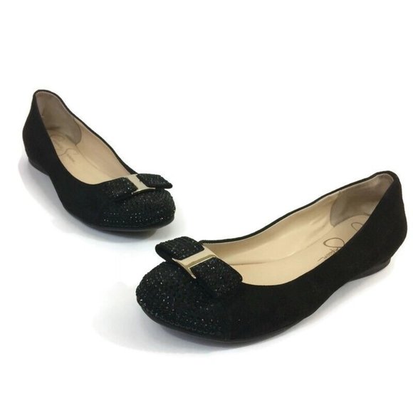 Jessica Simpson Mugara Black Micro Suede Ballet Flats Rhinestone Accent Sz 6.5M - Picture 1 of 10